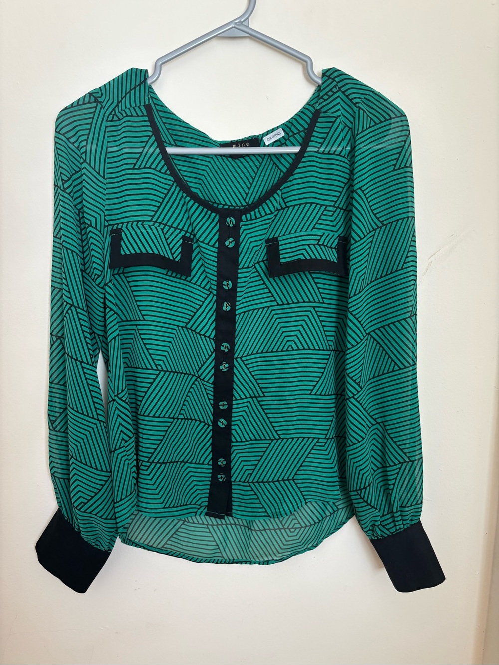 Mine Green & Black Geometric Print Long Sleeve Blouse Size Small